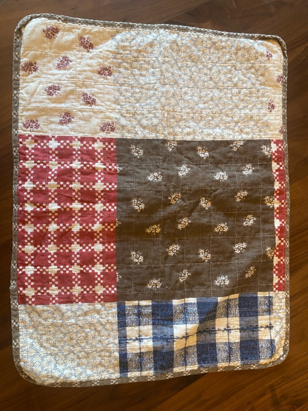 2 Patchwork Quilted Pillow Sham in Red, Blue, Brown, and Cream. 25.5 inches wide